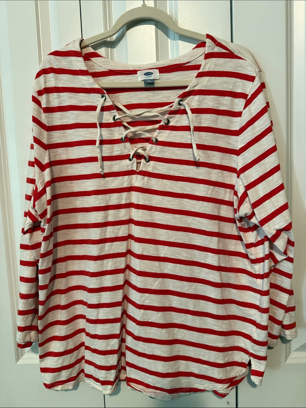 Old Navy Red & White Lace-Up Striped Long Sleeve Tee